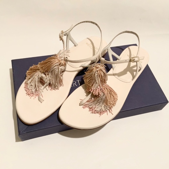 Stuart Weitzman Jabow White Ivory Nappa Leather Tassel Flat Heels Sandals 7.5 - Picture 8 of 11